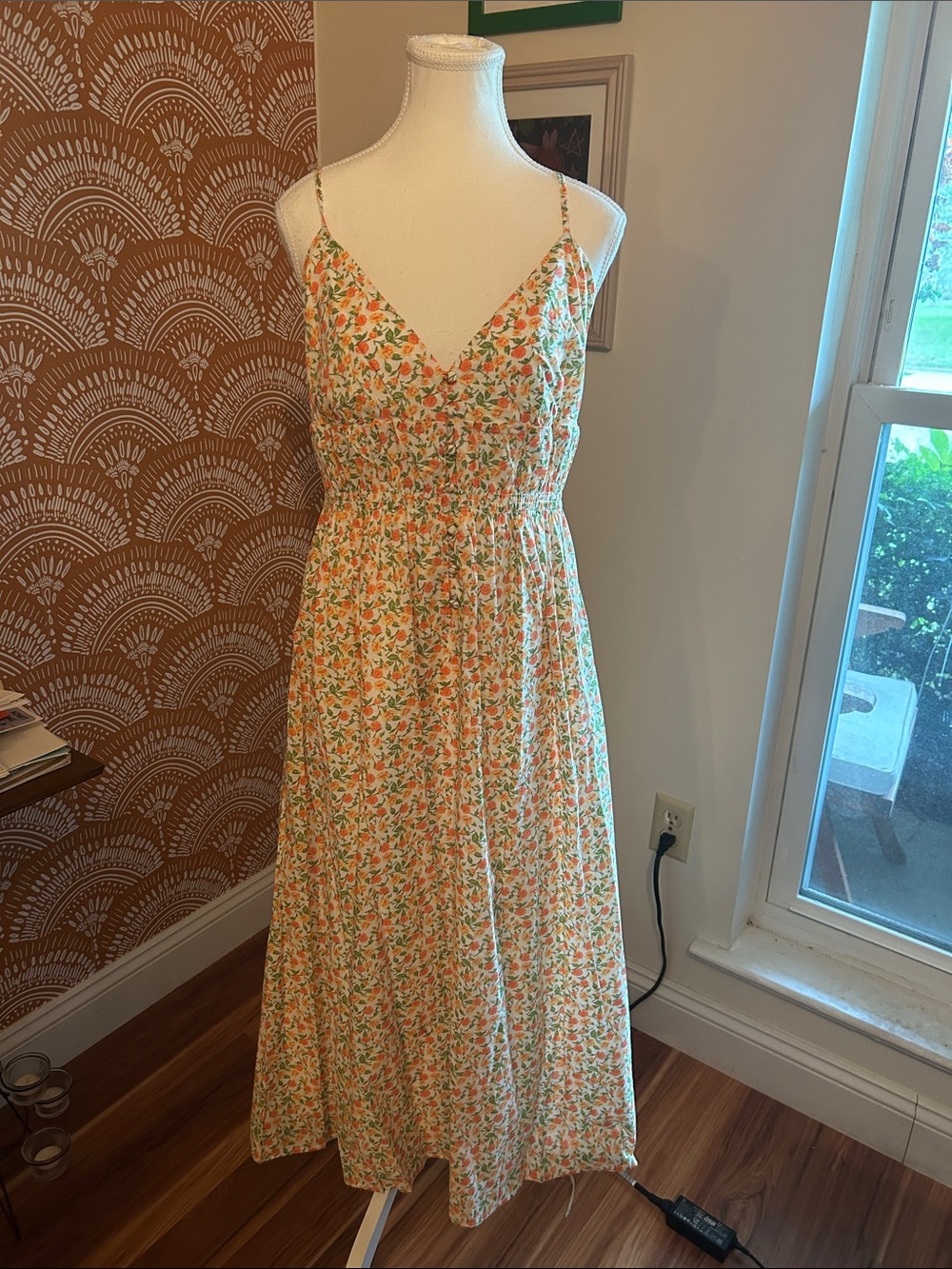 Wayf Maxi Dress with Orange, Yellow and Green Floral Print